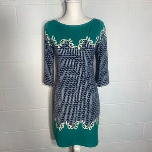 Max Studio Green and Blue Patterned 3/4 Sleeve Chic Dress